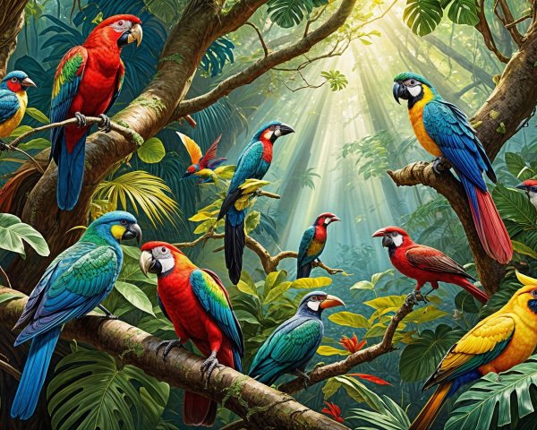 Vibrant Jungle with Colorful Parrots and Foliage