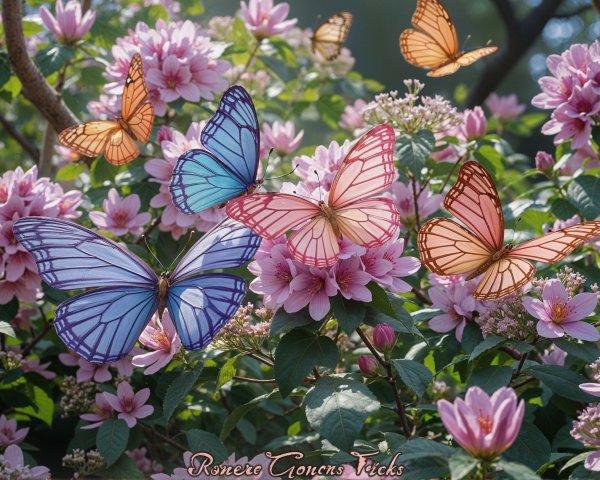Colorful Butterflies Among Lush Pink Flowers
