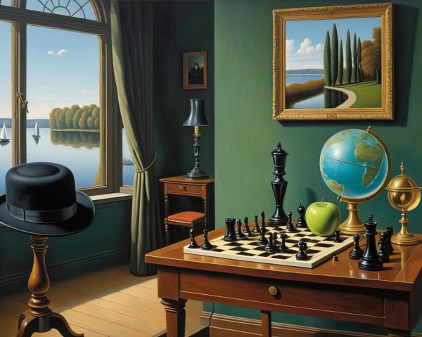 Serene Interior Scene with Chessboard and Lake View