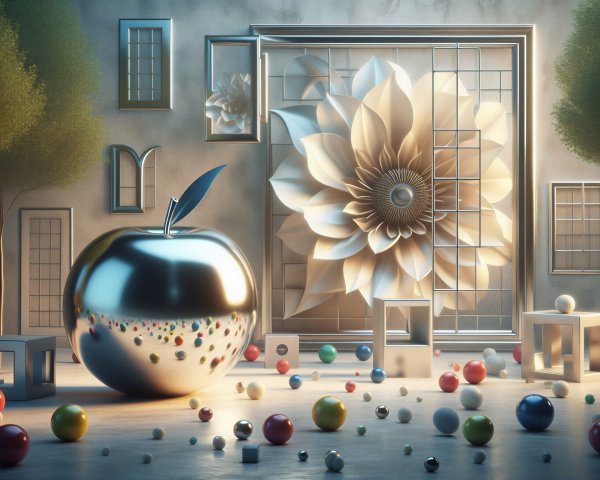 Surreal Scene with Shiny Apple and Colorful Spheres
