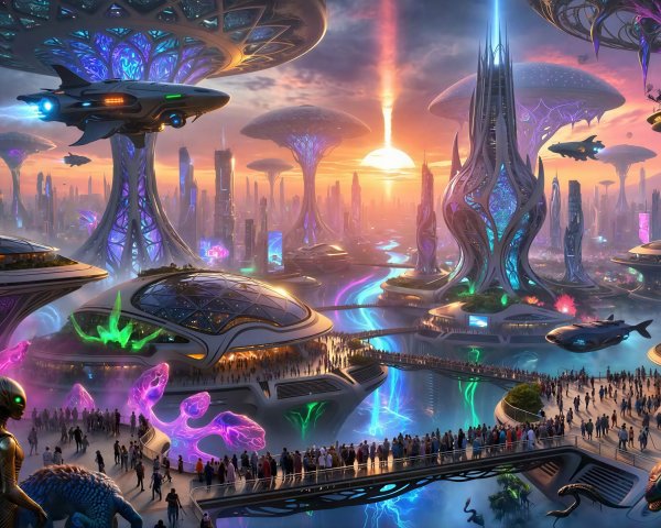 Futuristic cityscape at sunset with vibrant designs