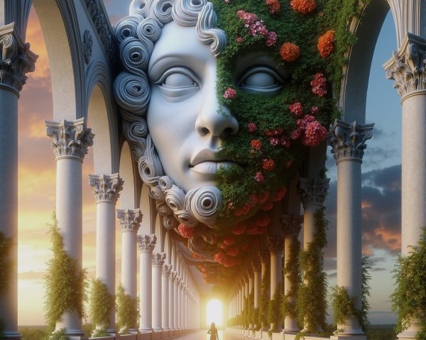 Surreal colonnade with split face and glowing horizon