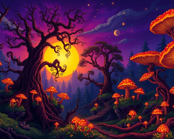 Cartoon Fantasy Landscape with Glowing Mushrooms