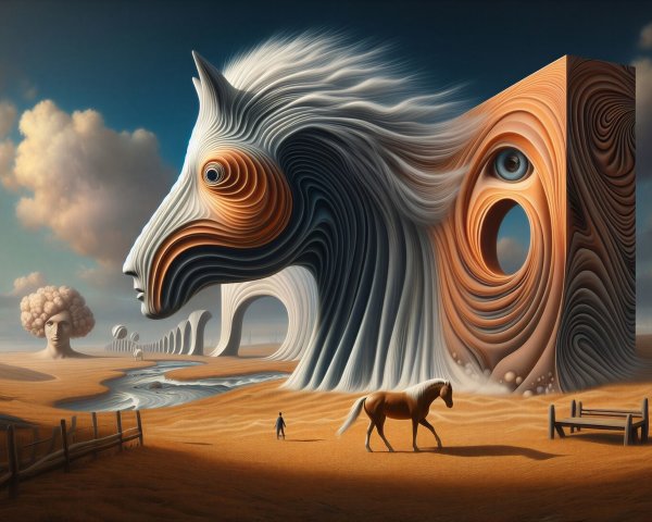 Surreal Desert Landscape with Wooden Horse Sculpture