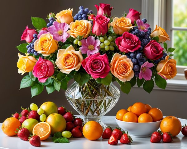 Vibrant Floral Arrangement with Fresh Fruits Displayed