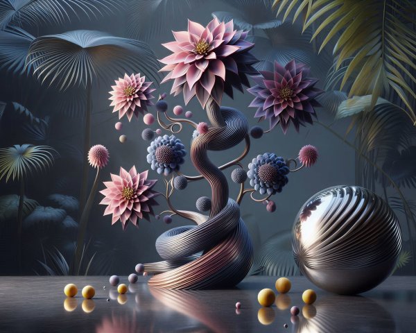 3D Floral Composition with Metallic Stem and Foliage