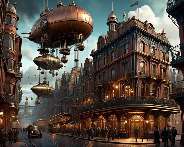 Steampunk Cityscape at Twilight with Airships and Details