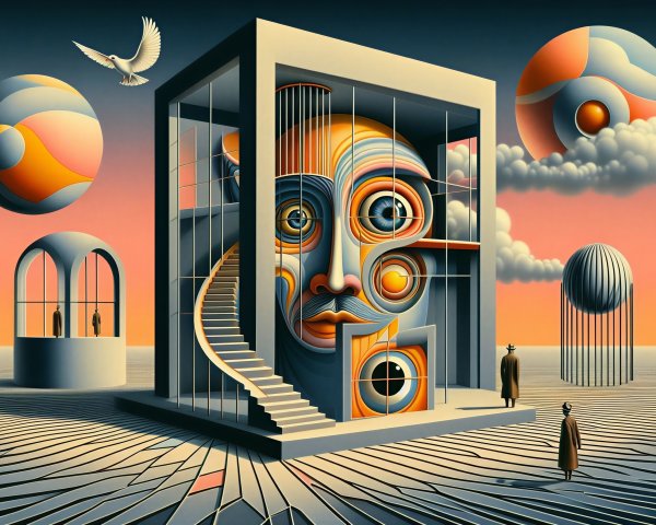 Surreal Landscape with Abstract Face and Vintage Figures