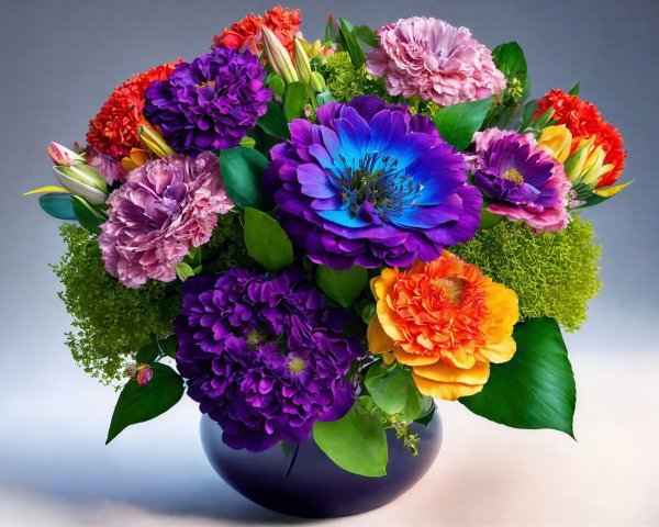 Colorful Floral Arrangement in Dark Purple Vase
