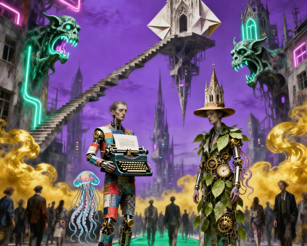 Humanoid robots in a surreal city with vibrant elements