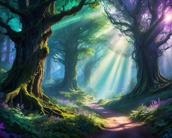 Mystical Forest Scene with Ethereal Light and Flora