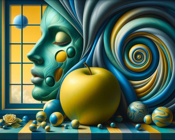 Surreal Composition with Ethereal Face and Apple