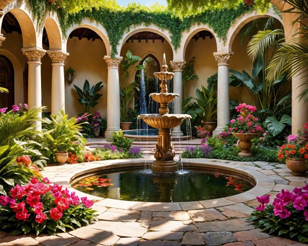 Serene Courtyard with Stone Fountain and Lush Greenery