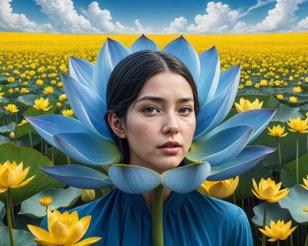 Serene Woman with Blue Lotus and Yellow Water Lilies