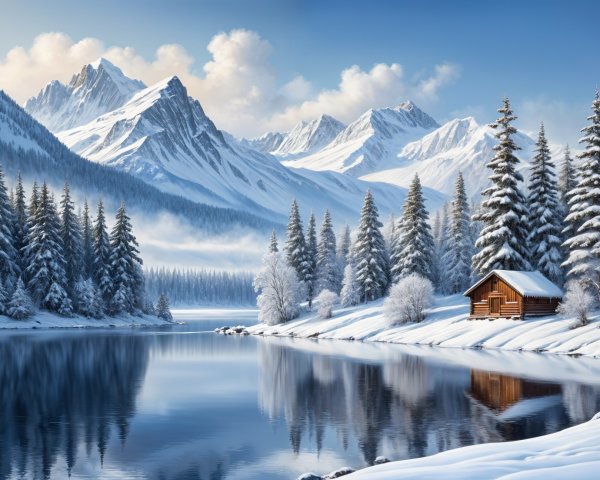 Serene Winter Landscape with Snow-Covered Mountains