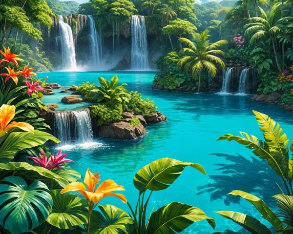Vibrant Tropical Paradise with Waterfalls and Greenery