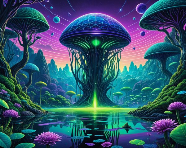 Surreal Landscape with Luminescent Mushroom and Trees
