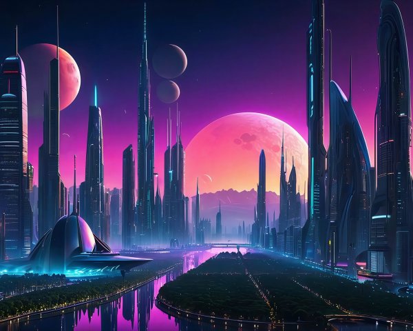 Futuristic Cityscape at Night with Neon Lights