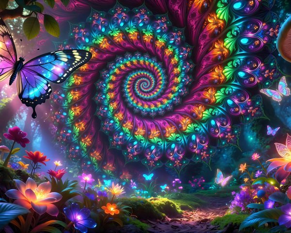 Ethereal Forest Scene with Luminous Flora and Butterfly