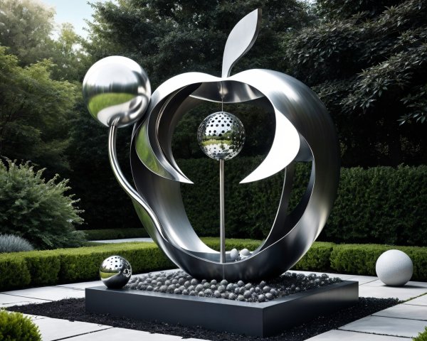 Contemporary Metallic Apple Sculpture on Black Base
