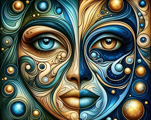Abstract Face with Dual Color Patterns and Cosmic Elements