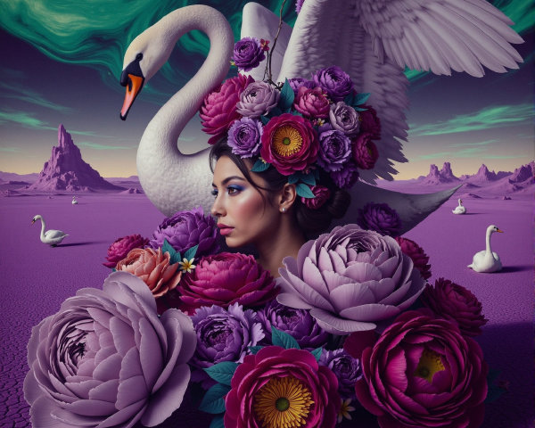 Surreal Landscape with Woman, Flowers, and Swan