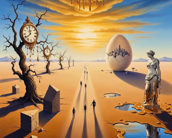 Surreal Landscape with Melting Clocks and Dreamlike Elements