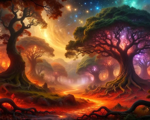 Enchanted Forest with Colorful Trees and Magical Sky