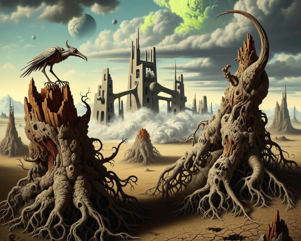 Surreal Desert Landscape with Alien Bird and City