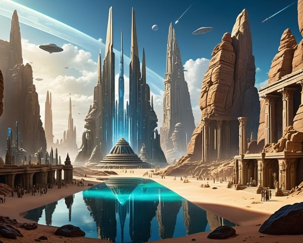 Futuristic landscape with spires and serene reflections