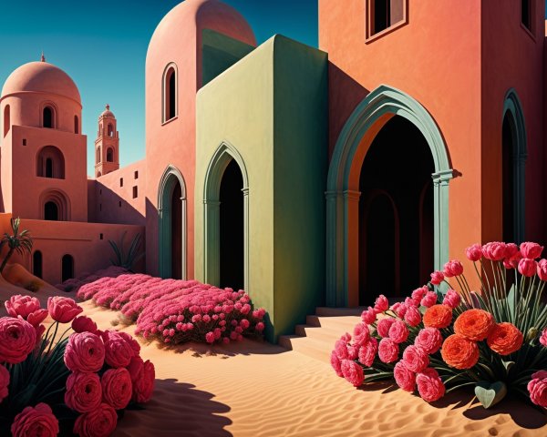 Vibrant Desert Scene with Colorful Buildings and Flowers