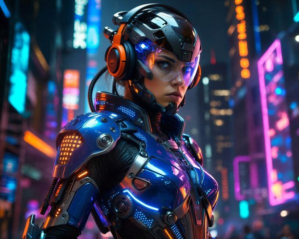 Dystopian Cyborg Woman in Futuristic Cityscape