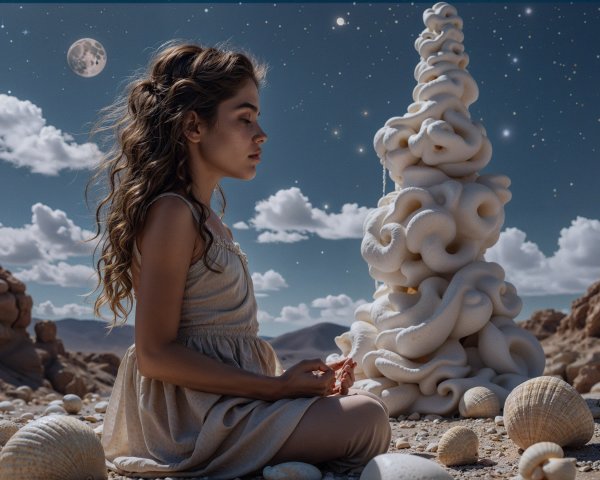 Surreal Desert Scene with Girl and Whimsical Sculpture