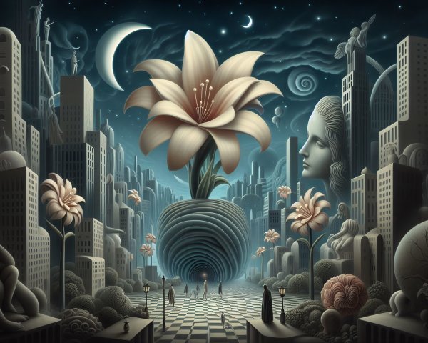 Surreal Landscape of Skyscrapers and Giant Lily