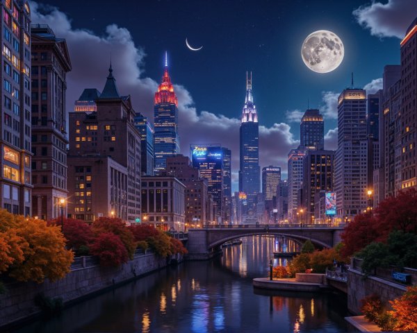 Vibrant Night Cityscape with Illuminated Skyscrapers