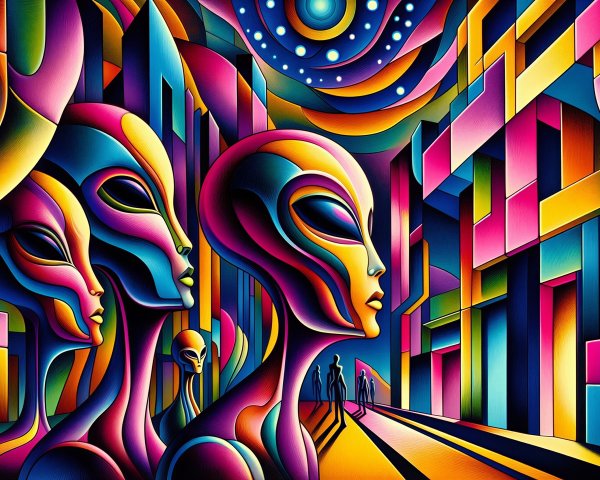 Surreal Scene with Alien Figures and Abstract Background