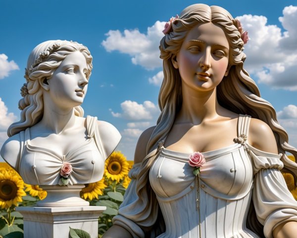 Elegant Marble Sculptures of Women with Sunflowers