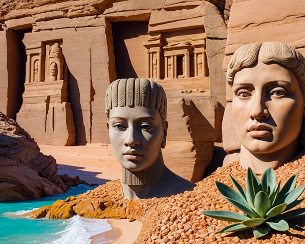 Colossal Statues Amidst Serene Landscape and Carvings