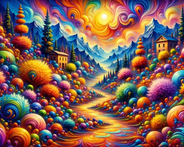 Surreal Landscape with Colorful Hills and Houses