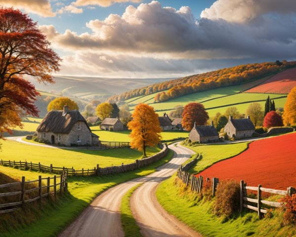 Countryside Scene with Autumn Foliage and Cottages