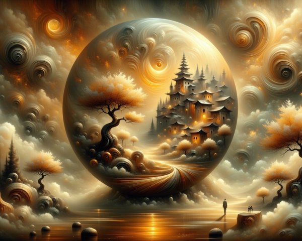 Surreal Landscape with Swirling Sphere and Village