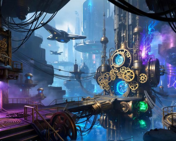 Surreal Cyberpunk-Steampunk City with Futuristic Elements