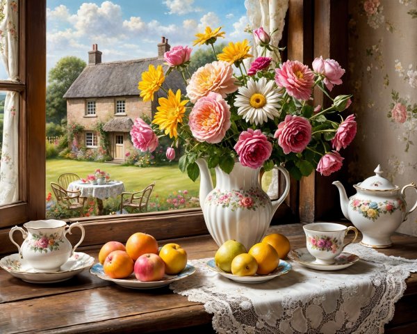 Charming Still Life with Flowers and Garden View