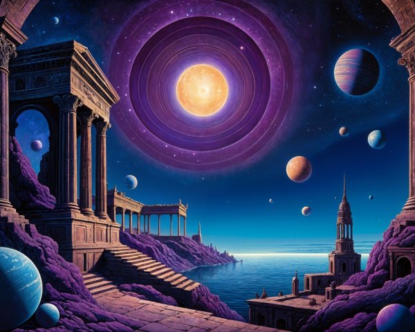 Surreal Landscape with Ancient Ruins and Cosmic Elements
