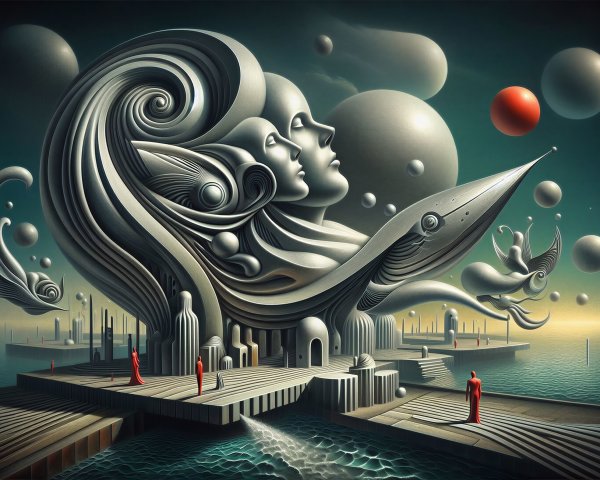 Surreal Artwork with Human Faces and Aquatic Elements