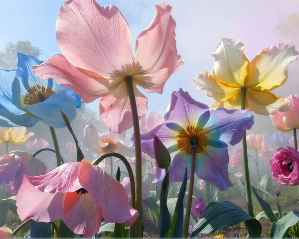 Vibrant Multi-Colored Flowers Under Soft Blue Sky