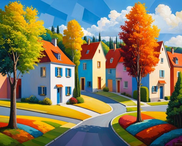 Vibrant Neighborhood with Colorful Houses and Trees