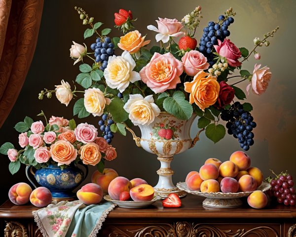 Still Life with Roses, Grapes, Peaches, and Strawberries