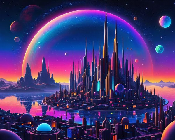 Colorful Futuristic Cityscape at Sunset Over Water
