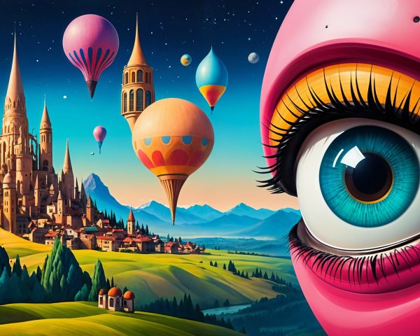 Whimsical Landscape with Balloons and Castle Scene